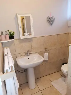 a bathroom with a sink and a toilet and a mirror at Mia Hills guest house in Hartbeespoort