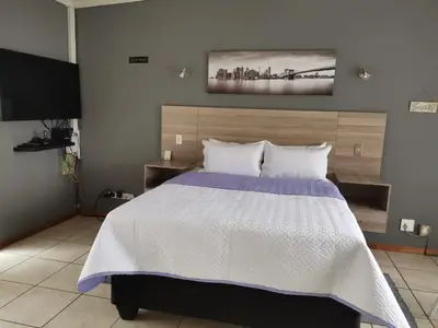 a bedroom with a large bed and a tv at Mia Hills guest house in Hartbeespoort