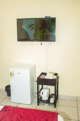 a tv hanging on the wall with a white refrigerator at @431 Rupert Street in Pretoria