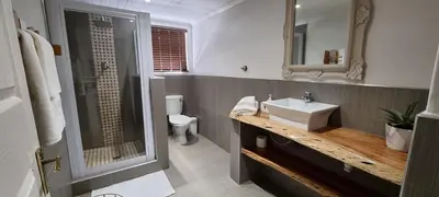 a bathroom with a sink and a toilet and a mirror at DullVino First House in Dullstroom