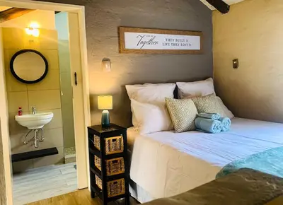 a bedroom with a bed with a sink and a mirror at The Loft@Santorini in Pretoria