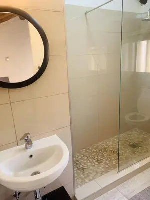 a bathroom with a sink and a glass shower at The Loft@Santorini in Pretoria