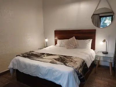 a bedroom with a large bed and a mirror at Ratel Street Guesthouse in Pretoria