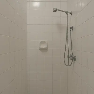 a shower in a white tiled bathroom at Ratel Street Guesthouse in Pretoria
