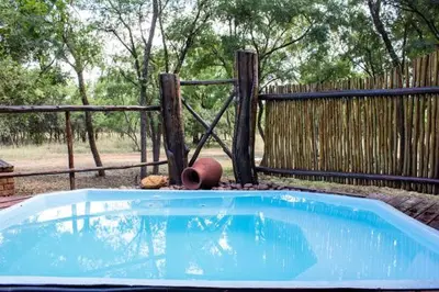 a blue swimming pool in front of a wooden fence at Beka Idube Bushveld Retreat in Cullinan