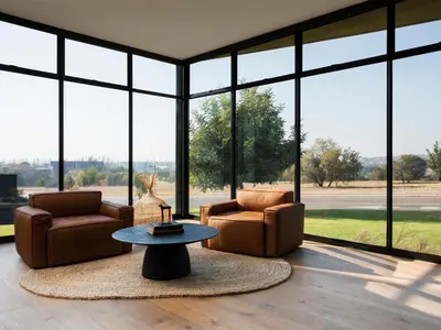 a living room with two chairs and a table and large windows at Askara Haus in Pretoria