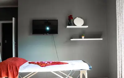 a room with a flat screen tv on a wall at Warmbaths Thai Spa and Guest House in Bela-Bela