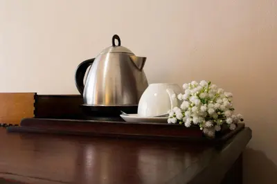 a tea kettle and a cup and flowers on a table at Zoete Rust Boutique Hotel in Lephalale