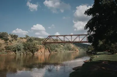 a bridge over a river with trees and water at Pretorius Park in Hartbeespoort