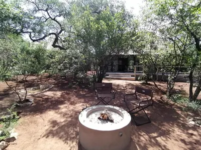 two chairs and a fountain in a yard with trees at Amukela Kaya in Hoedspruit