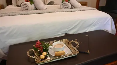 a tray with a cup of coffee on a table next to a bed at LUXURY FAMILY EN-SUITE ROOM @ 4 STAR GUEST HOUSE in Middelburg