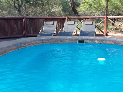 a pool with two chairs and a frisbee in it at Khumbula iAfrica 2 in Marloth Park