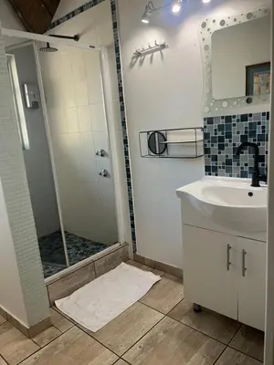 a bathroom with a shower and a sink and a mirror at Goldpot Faerie Glen near Sun Bet Arena in Pretoria