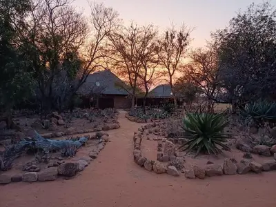 a garden with rocks and trees and a building at Isilwane Bush Camp in Pretoria