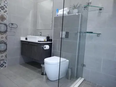 a bathroom with a shower and a toilet and a sink at Unitas Guesthouse in Centurion