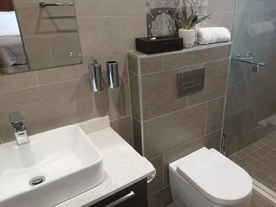 a bathroom with a sink and a toilet and a mirror at Unitas Guesthouse in Centurion