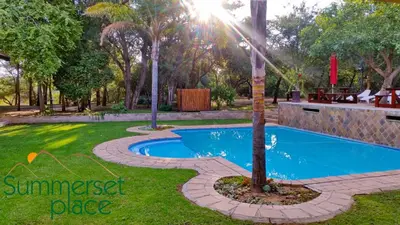 a swimming pool with a tree in a yard at Summerset Place Country House in Bela-Bela