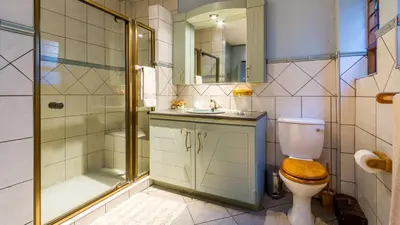 a bathroom with a toilet and a shower and a sink at Jörn's Gästehaus in Nelspruit