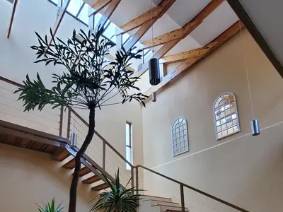 a tree in the middle of a room with a staircase at Avonlea Guesthouse in Polokwane
