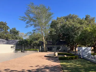a house with a brick driveway with trees and grass at Musina Hotel in Musina
