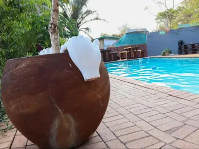 a sculpture of a tree sitting next to a swimming pool at Casa Palmeira in Nelspruit