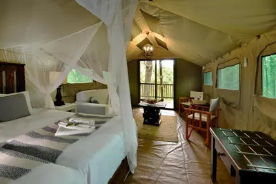 a bedroom with a bed and a desk in a room at Kruger Safari Lodge in Manyeleti Game Reserve