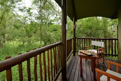 a wooden porch with a table and chairs on it at Kruger Safari Lodge in Manyeleti Game Reserve