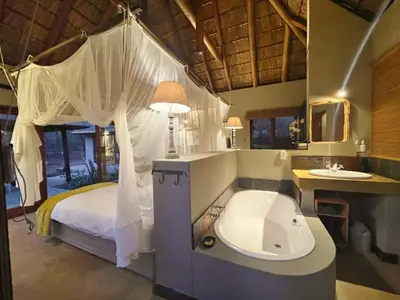 a bedroom with a bed with a tub and a sink at 10 Raptors Lodge in Hoedspruit