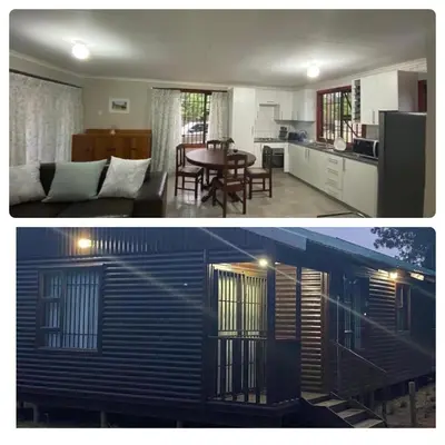 two pictures of a kitchen and a living room at Man and Dog Log Cabin in Midrand