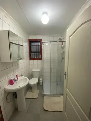 a bathroom with a toilet and a sink and a shower at Man and Dog Log Cabin in Midrand
