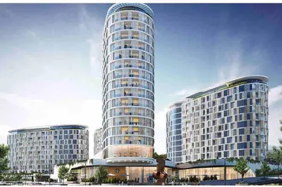 a rendering of a tall building with two towers at Alimama Spaces: The Manson Newton Villa Ellipse in Midrand