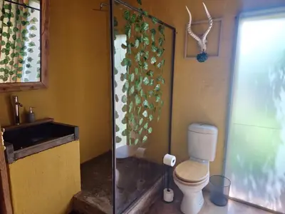 a bathroom with a toilet and a shower at Vulture's View 3 in Hartbeespoort