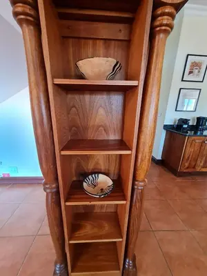 a wooden book shelf with a bowl in it at Zebula No 2 Waterbergs Over the Savannah 4 Bedroom in Mabula