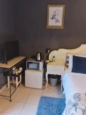 a bedroom with a bed and a desk with a tv at Aloha Menlyn Lodge Ensuite Rooms with shower all with own entrance and unlimited free WiFi in Pretoria