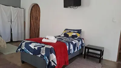 a bedroom with a bed and a tv on a wall at In Da Bush in Modimolle
