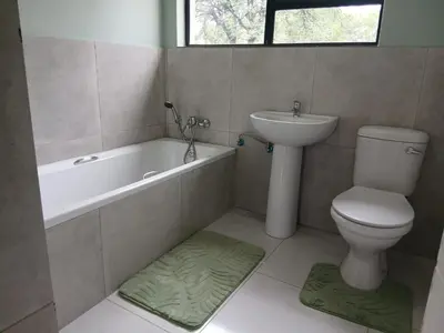 a bathroom with a toilet and a sink and a bath tub at Bossi Lodge in Hartbeespoort