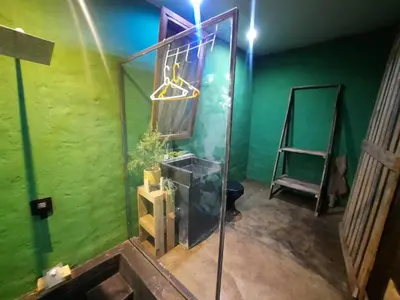 an empty room with green walls and a glass door at Vulture's View 2 in Hartbeespoort