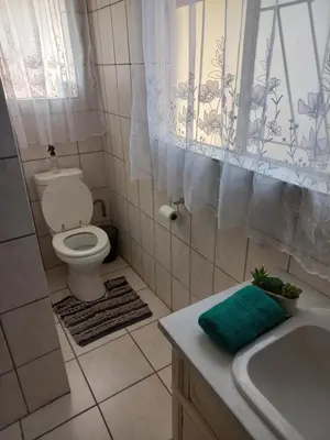 a bathroom with a toilet and a sink and a window at Wildepeer in Nelspruit