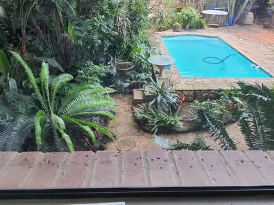 a small swimming pool in a garden with plants at The Crooked Forest in Pretoria