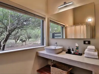 a bathroom with a sink and a window with a giraffe outside at Chelesa by Kruger Nights in Marloth Park