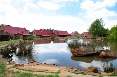 a pond in front of a group of houses at Critchley Common in Dullstroom