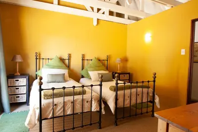 a bedroom with two beds with yellow walls at Sanctuary in Dullstroom