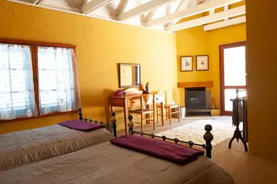 a bedroom with two beds and a table and a fireplace at Sanctuary in Dullstroom