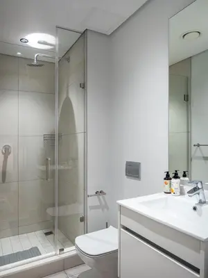 a bathroom with a shower and a sink and a toilet at eKhaya at Ellipse Waterfall City in Midrand