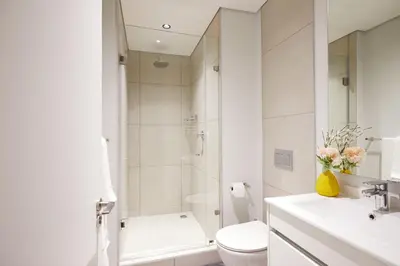 a bathroom with a shower and a toilet and a sink at eKhaya at Ellipse Waterfall City in Midrand
