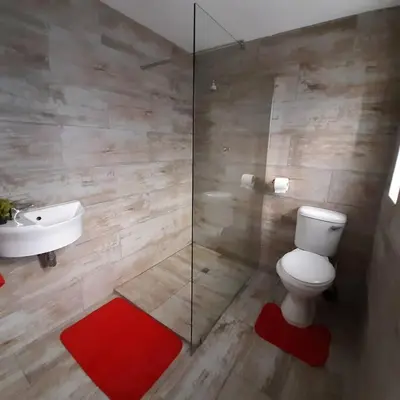 a bathroom with a toilet and a sink and a shower at Manz' amahle Guest Cottage in Hartbeespoort