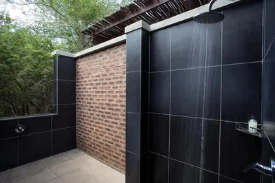 a bathroom with a brick wall and a shower at Buffalo Brooke in Hectorspruit