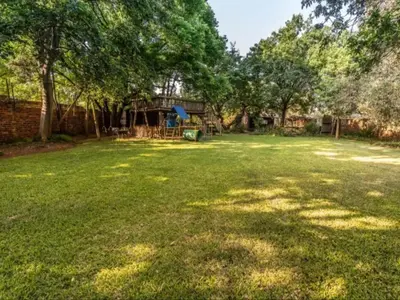 a large yard with trees and a house at Lesedi Guesthouse Middleburg in Middelburg