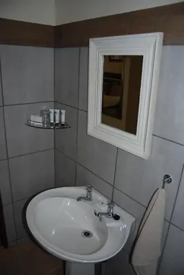 a bathroom with a white sink and a mirror at Journey's Inn Africa Guest Lodge in Kempton Park