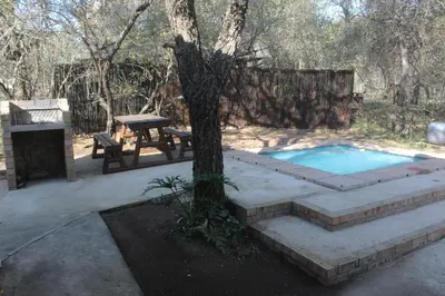 a swimming pool with a picnic table and a tree at Nature Cottage in Marloth Park